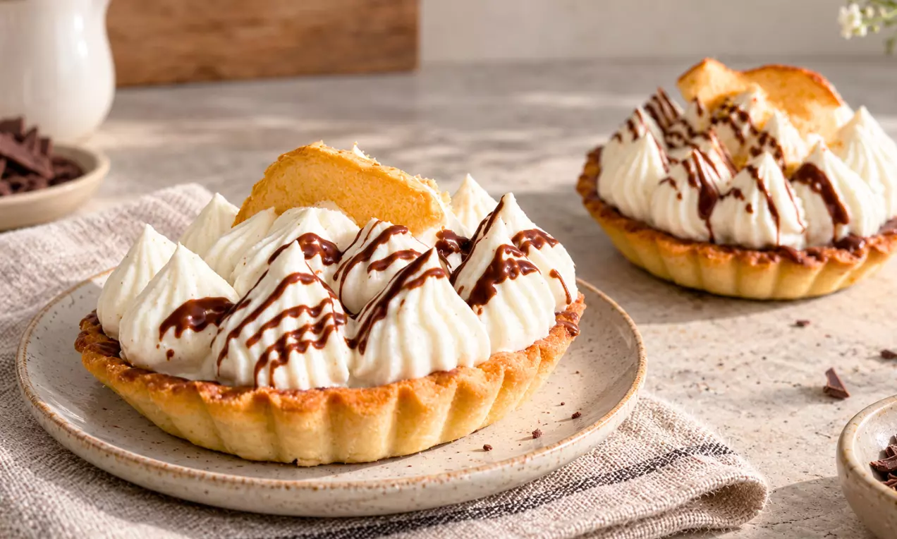 Knusprige Tartelettes mit goldbraunem Rand, gefüllt mit Apfel-Zimt-Schlagschaum, Schokosoße und einer knusprigen Gebäckdekoration, AI-labeled image
