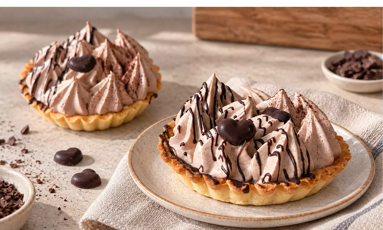 Knusprige Tartelettes mit wellenförmigem Schoko-Schlagschaum, verziert mit feinen Schokolinien und Schokodrops auf einem Tellerrand, AI-labeled image