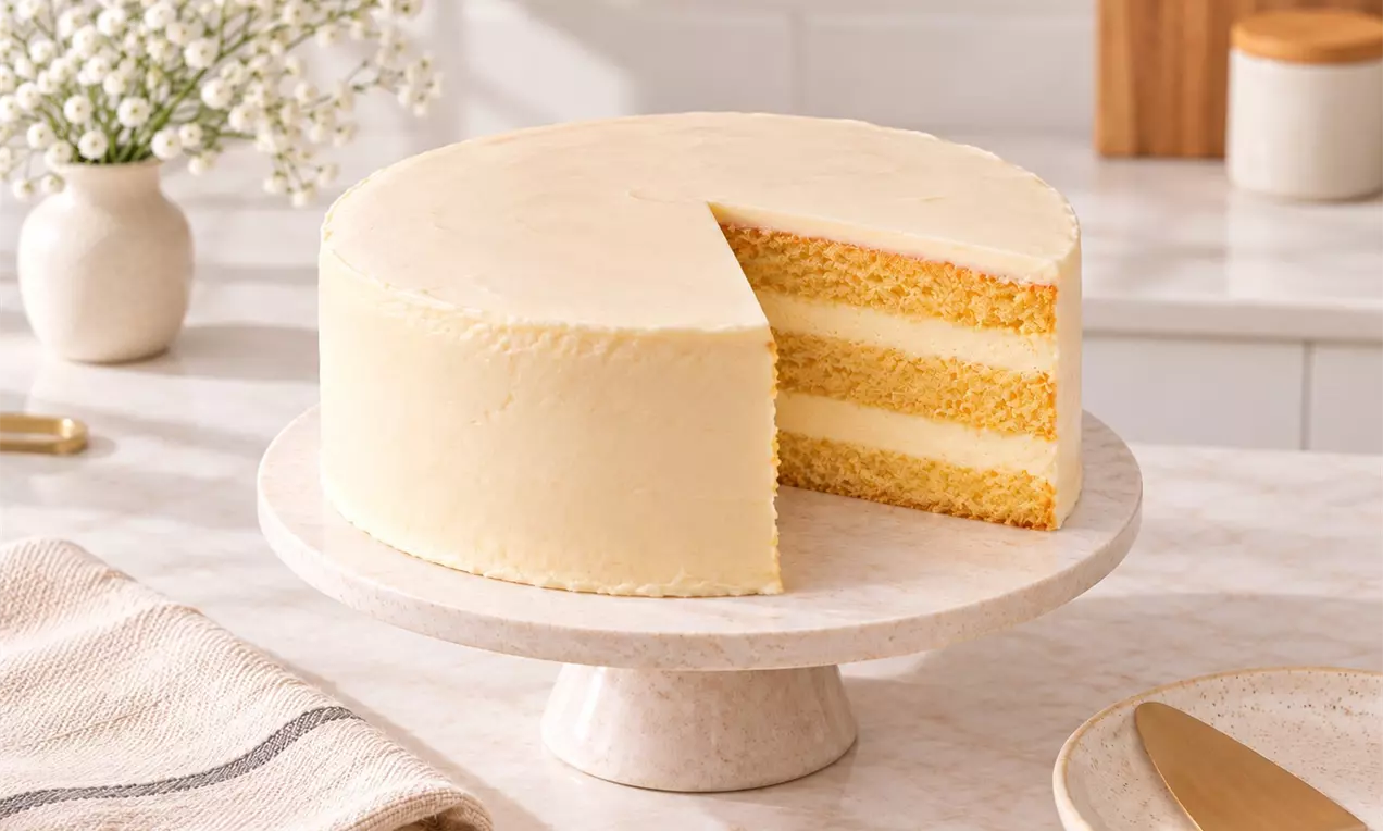Schokoladentorte mit glatter weißer Schokocreme, hellbraunen Schichten und einem Kuchenstück ausgeschnitten auf einer beigen Tortenplatte, AI-labeled image
