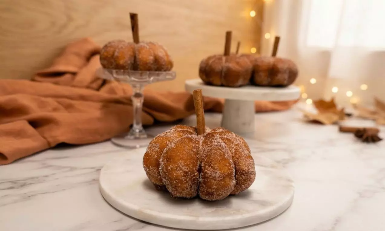Goldbraune, zu einem Kürbis geformte Krapfen mit Zimtzucker bestreut und Zimtstangen dekoriert auf weißen Marmorplatten arrangiert, AI-labeled image