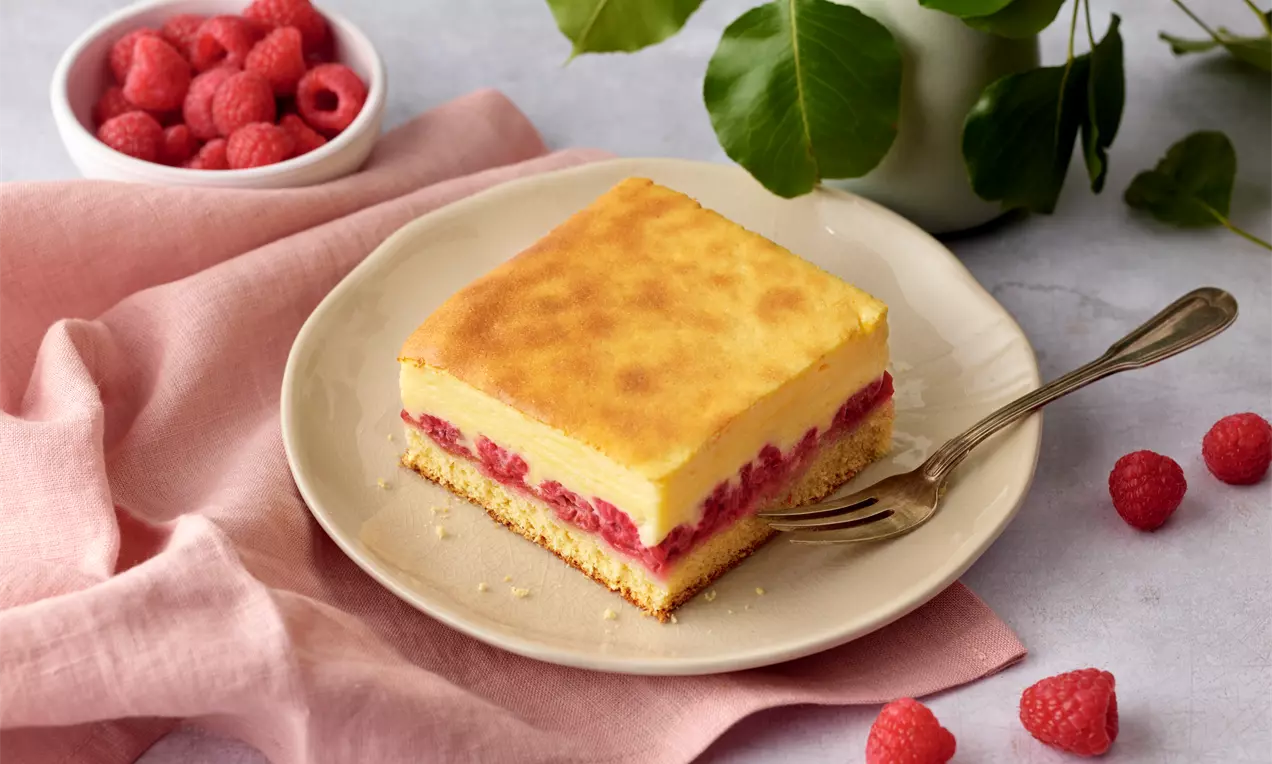 Rechteckiges Kuchenstück mit goldenem Puddingbelag, darunter weiße Creme und rote Himbeeren auf hellem Keksboden, auf Teller mit Gabel