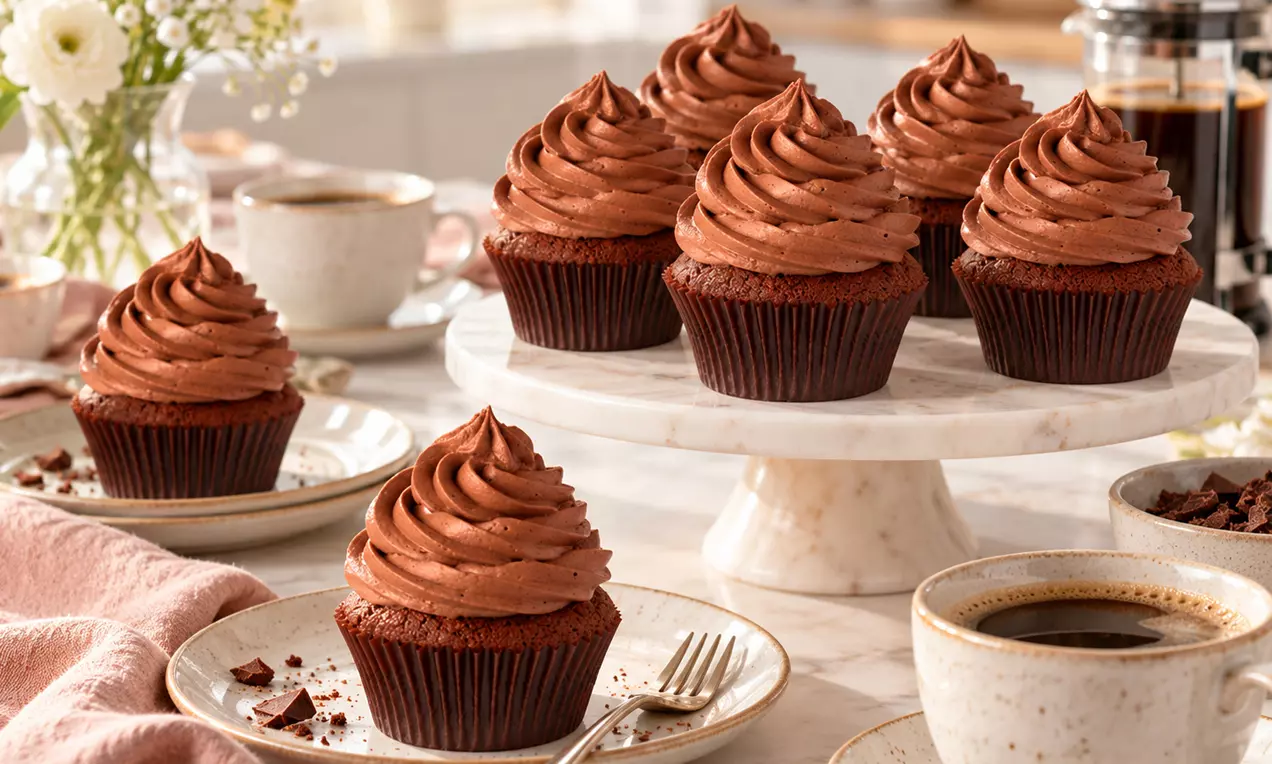 Schokoladen-Cupcakes mit dunklen Papierförmchen und spiralförmiger Zartbitter-Schokocreme auf einer weißen Tortenplatte angerichtet, AI-labeled image