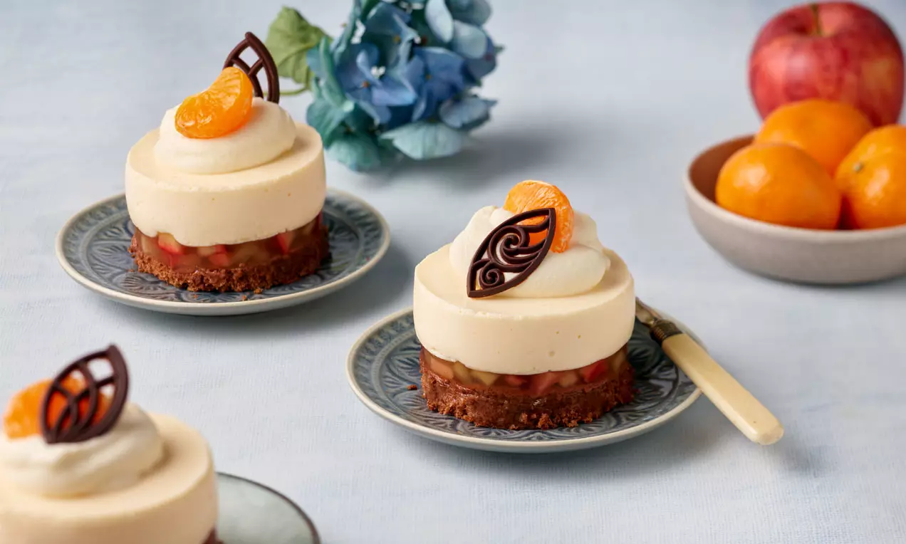 Apfel-Mandarinen-Törtchen mit heller Creme auf dunklem Boden, garniert mit Mandarinenstück, Sahnetupfen und filigraner Schokodeko auf einem Teller