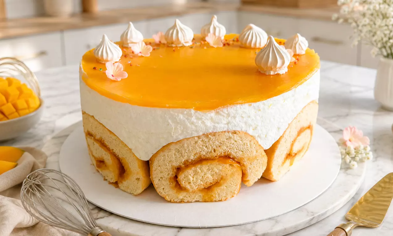 Eine runde Torte aus hellen Biskuitrouladen und Topfencreme, bedeckt mit glatter, orangefarbener Mangoschicht und dekorativen Tupfen, AI-labeled image