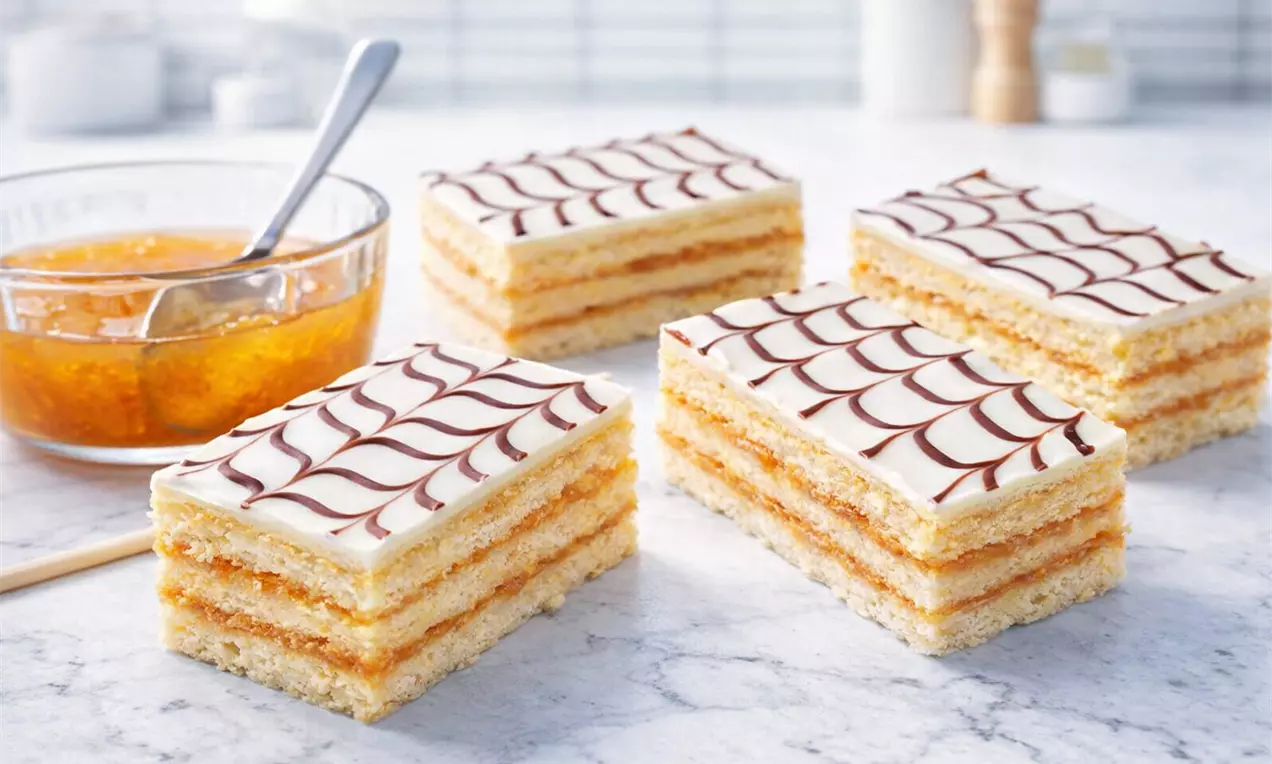 Rechteckige Esterhazy-Kekse mit weißer Glasur und dunklem Muster, geschichteten Böden und Marillenmarmelade.