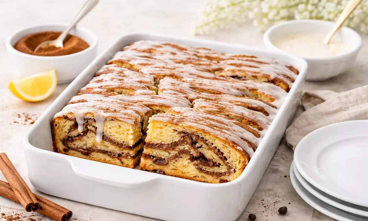 Dieser Zimtschneckenkuchen vereint den klassischen Geschmack von Zimtschnecken mit der fluffig-buttrigen Struktur einer Sandmasse.