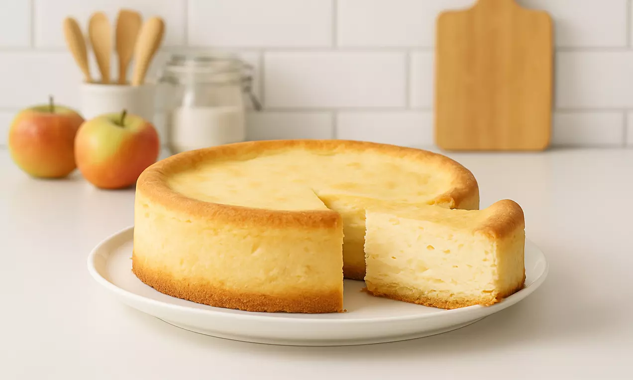 Ein herrlich luftiger Apfel-Topfensoufflee-Kuchen mit buttrigem Mürbteigboden, saftigem Apfelbelag und einer cremigen Topfenauflage.