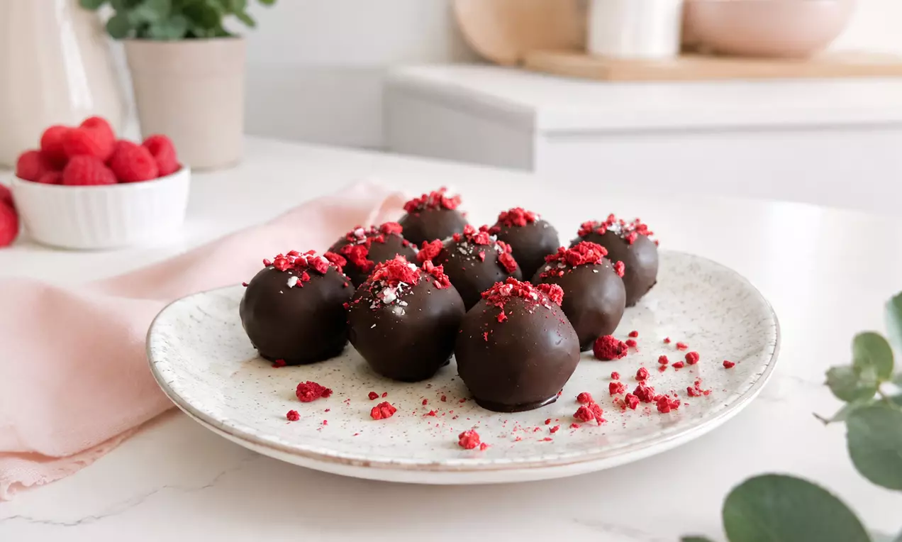 Kugelförmige Energy Balls mit dunkler Schokoladenhülle und roten Beerenkrümeln auf einem hellen Teller, dekoriert mit Rosa- und Grüntönen, AI-labeled image