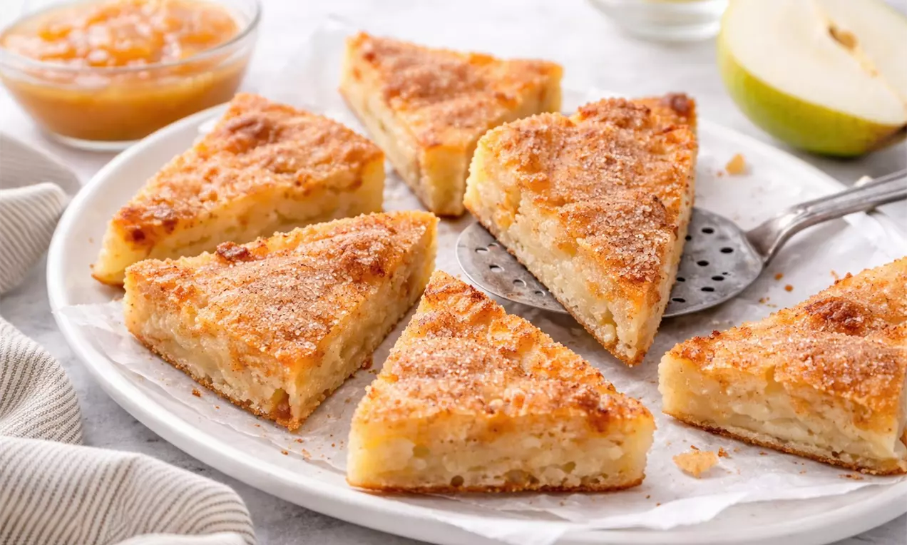 Goldbraune, flach gebackene Kuchenstücke mit leicht knuspriger Kruste auf dunklem Backblech, neben einem roten Stofftuch und Birnenscheibe