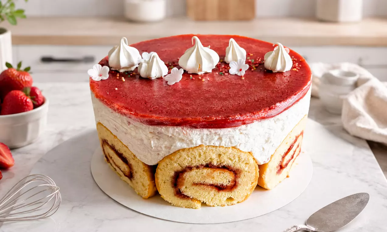 Erdbeer-Rouladen-Torte mit goldenem Biskuit, rotem Fruchtspiegel, weißer Cremefüllung und Baiserhauben, dekoriert mit Zuckerblüten, AI-labeled image