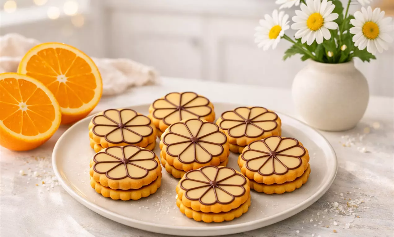 Zarte Mürbteigkekse mit Orangengeschmack, glasiert mit Orangenglasur und verziert wie Blumen mit Kakaoglasur.