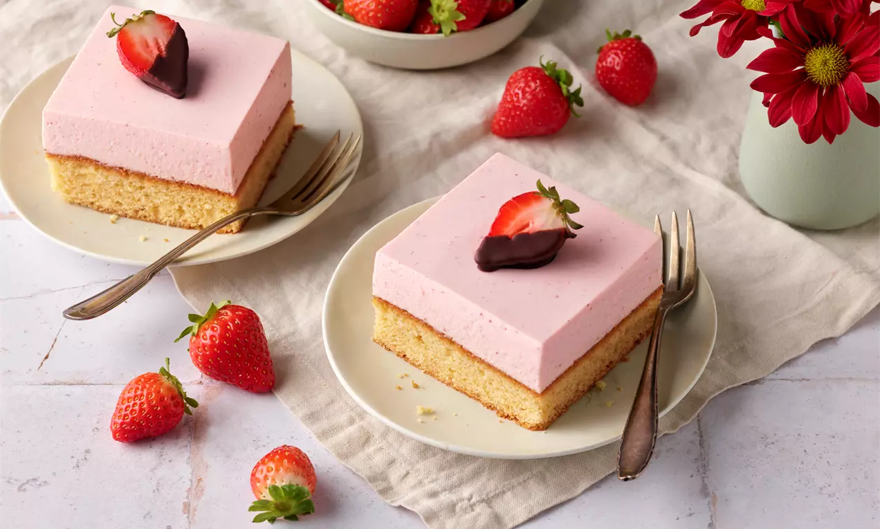 Rechteckige Erdbeer-Topfen-Schnitten mit rosa Creme auf hellem Biskuit, dekoriert mit halbierten Erdbeeren und Schokolade auf weißen Tellern