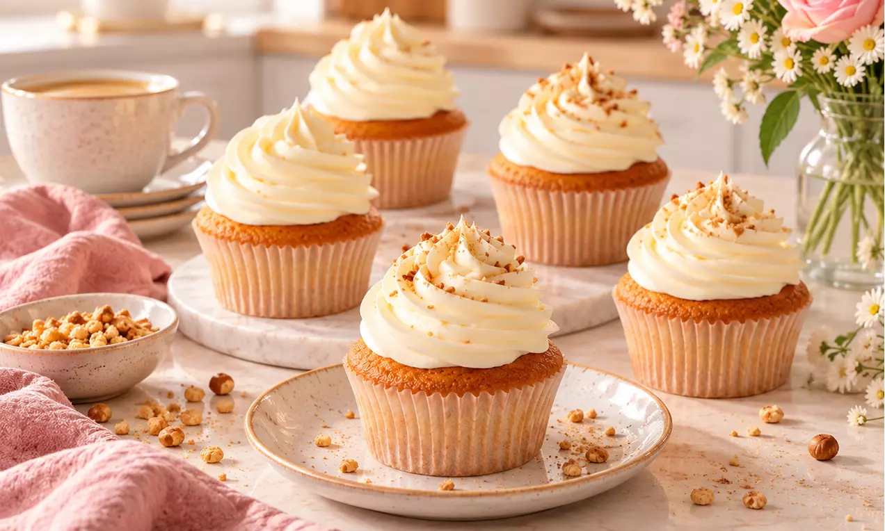 Hellbraune Cupcakes mit cremiger, weißer Haube, garniert mit gehackten Nüssen, arrangiert auf Tellern in gemütlicher Küchenatmosphäre, AI-labeled image