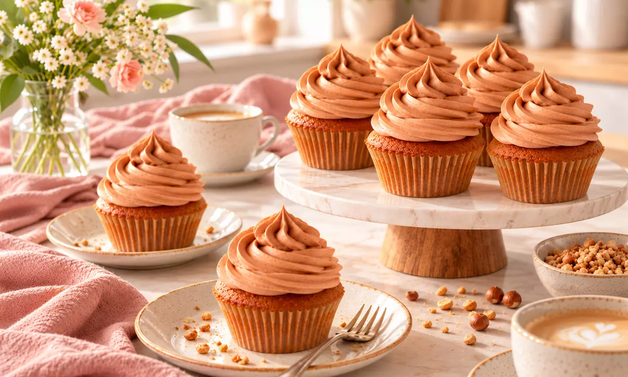 Schokoladen-Cupcakes mit goldbraunem Teig und spiralförmiger Vollmilch-Schokocreme auf Tellern und einem Holz-Tablett angerichtet, AI-labeled image