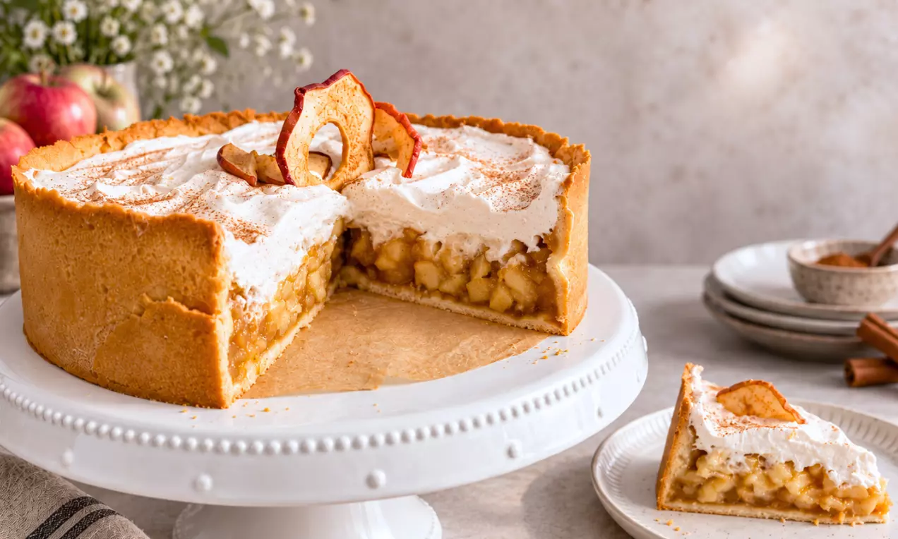 Apfelkuchen mit goldbrauner Kruste, fluffigem Schaum und Apfelscheiben auf weißer Tortenplatte, daneben ein serviertes Stück, AI-labeled image