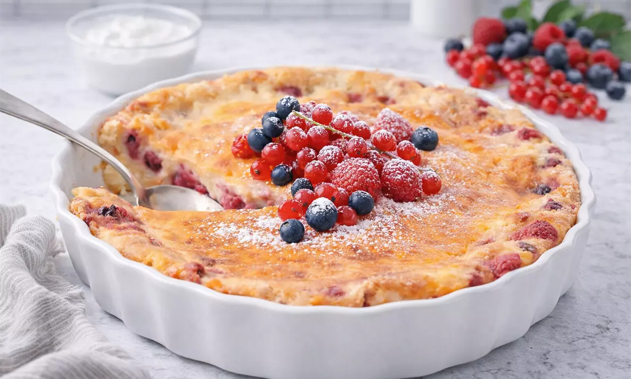 Feiner Beerenkuchen mit zartem Mürbteigboden, cremiger Sahne-Vanille-Puddingfüllung und fruchtigen Beeren.
