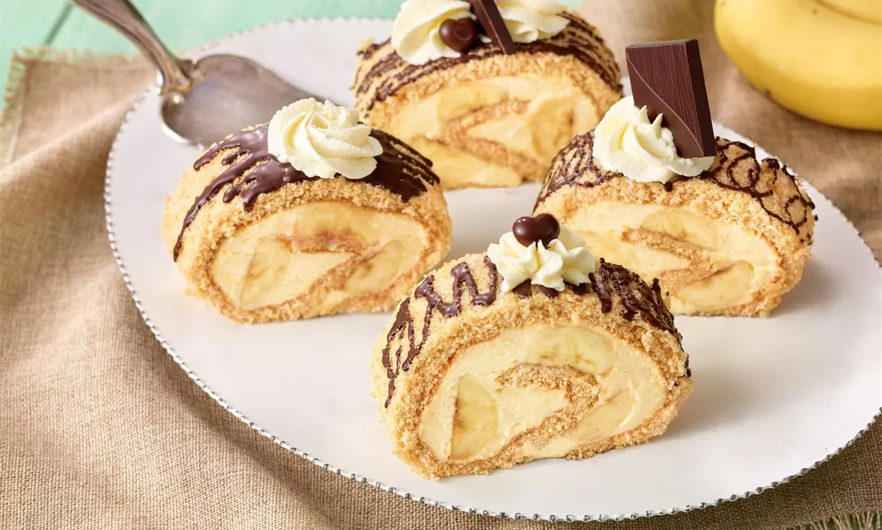 Dinkel-Biskuit mit einer Füllung aus Bananenmilch-Pudding-Füllung.