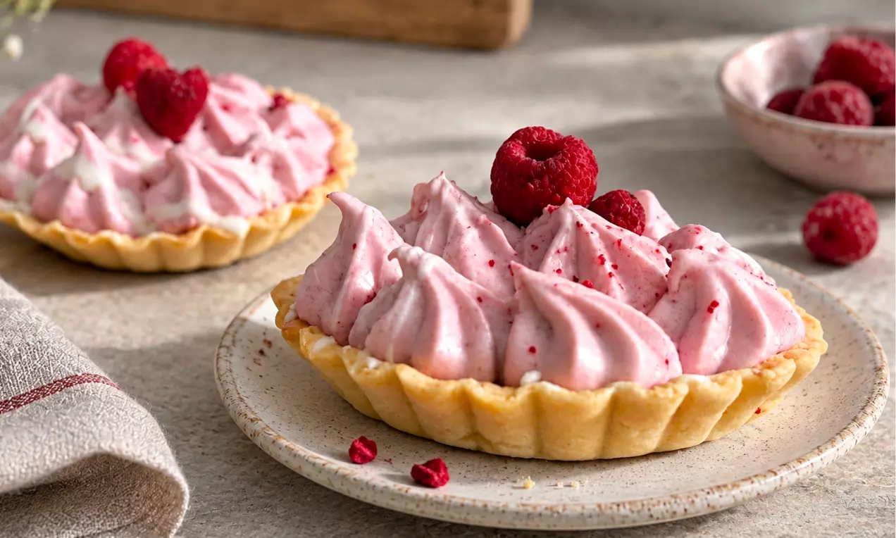Tartelettes mit zartrosa Himbeer-Schlagschaum in gleichmäßigen Tupfen auf knusprigem Mürbeteig, garniert mit frischen Himbeeren, AI-labeled image