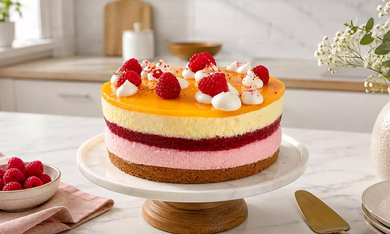 Pfirsich-Himbeer-Joghurttorte mit orangegelbem Guss, rosa und roter Schicht, Sahnetupfen, Himbeeren und Keksboden auf Marmorplatte, AI-labeled image
