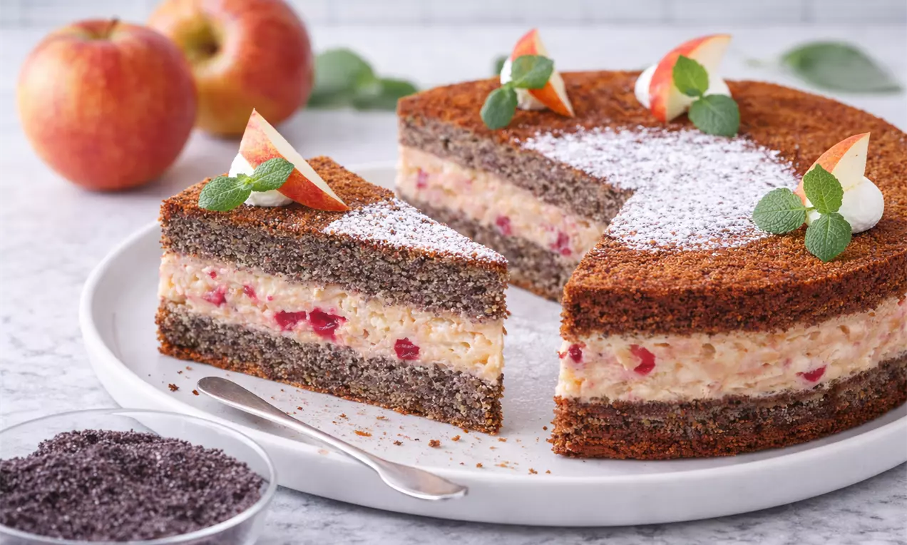 Saftige Mohntorte mit fruchtiger Apfelfüllung – ein himmlischer Genuss für alle Mohnliebhaber! Diese Torte vereint das nussige Aroma von Mohn mit der frischen Süße von Äpfeln